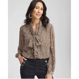 Chicos Womens Button-Up Long Sleeve Leopard Print Bow Mesh Blouse Size 3 US 16